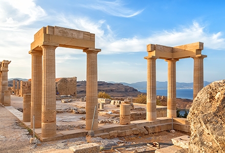 Ancient column in Acropolis of Lindos. Rhodes, Dodecanese Islands, Greece