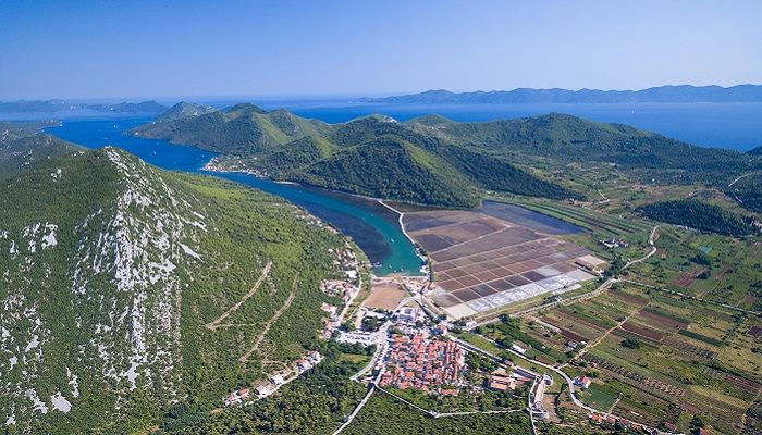 Aerial view of saltworks in Peljesac