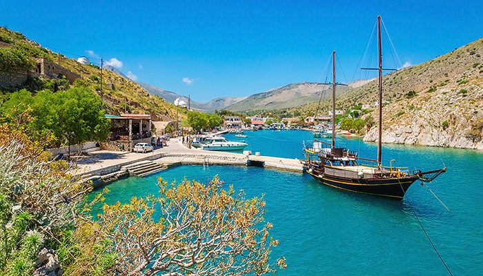 Gulet yacht standing in port on Greek island