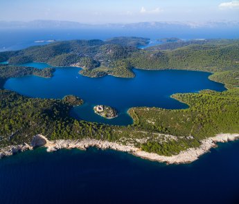 Aerial view of Mljet Lake with Monastery of Saint Mary, Croatia.