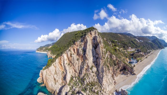 Aerial drone photo of Porto Katsiki beach with turquoise clear w
