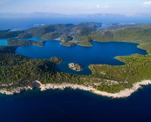 Aerial view of Mljet Lake with Monastery of Saint Mary, Croatia.