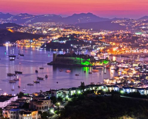 Bodrum harbor and Castle of St. Peter by night