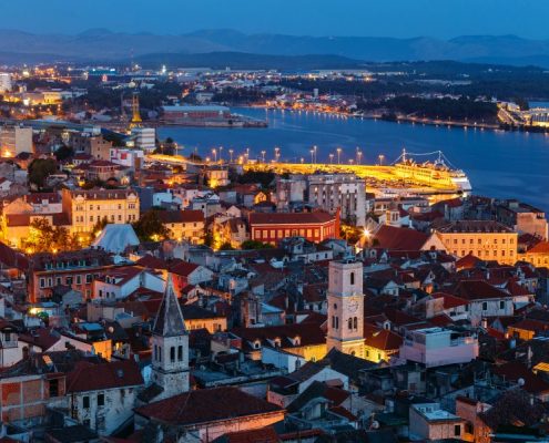 Evening view from above the old town of Sibenik in Croatia from the St. Michael's fortress.