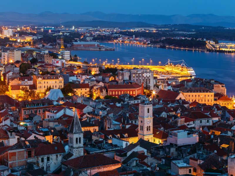 Evening view from above the old town of Sibenik in Croatia from the St. Michael's fortress.