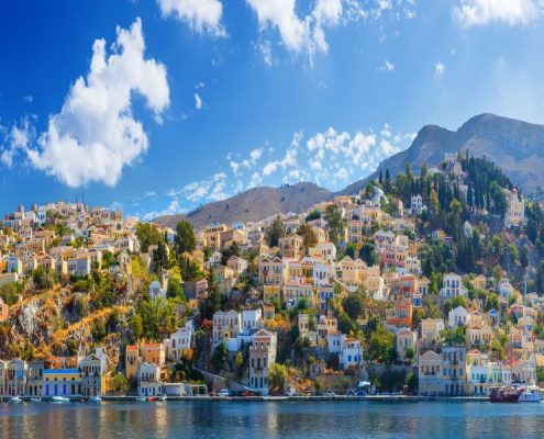 Panoramic view of the coast the island of Symi, Greece