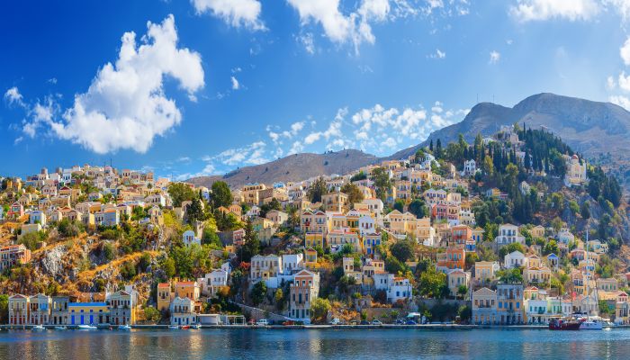 Panoramic view of the coast the island of Symi, Greece