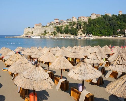 "Stari Grad" Old Town from the beach of Ulcinj, Montenegro