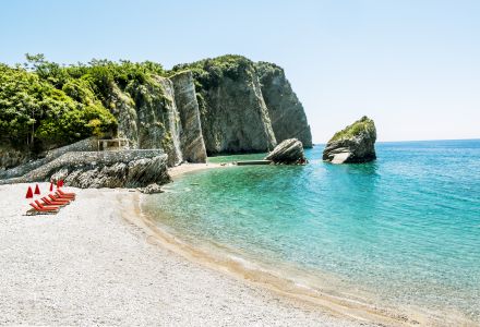 The Beach And The Cliffs On The Island Of St. Nicholas In Budva,