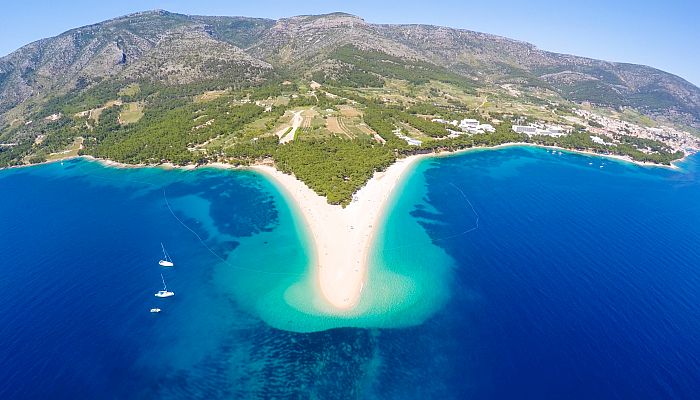 Aerial view of Zlatni Rat beach close to the town of Bol on the Brac
