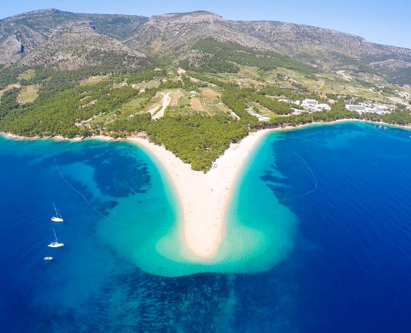 Aerial view of Zlatni Rat beach close to the town of Bol on the Brac