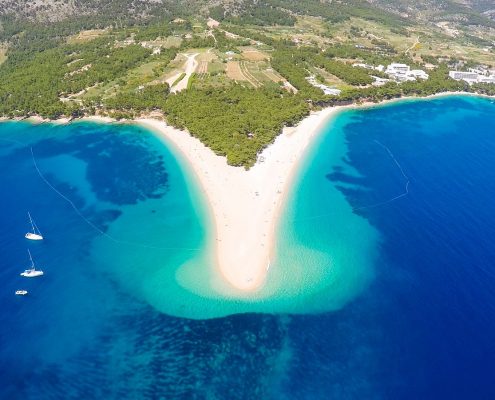 Aerial view of Zlatni Rat beach close to the town of Bol on the Brac