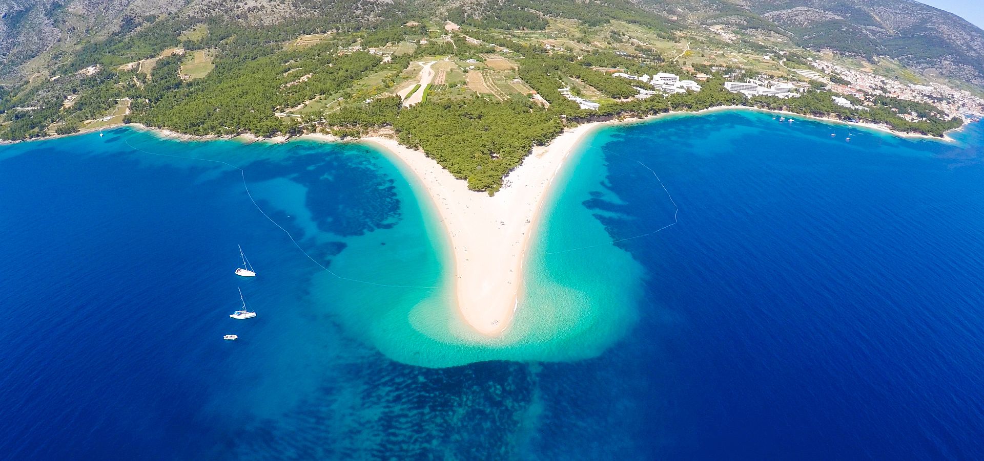 Aerial view of Zlatni Rat beach close to the town of Bol on the Brac