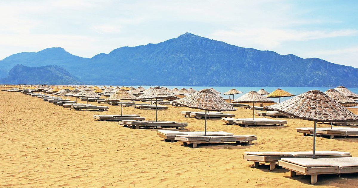 Sun loungers on a famous Iztuzu beach in Turkey