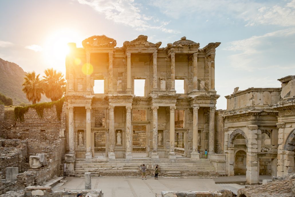 Celsus Library in Ephesus and the sun with flare Celsus Library in Ephesus and the sun with flare