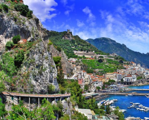 scenic Amalfi coast, view with cave and serpantine road