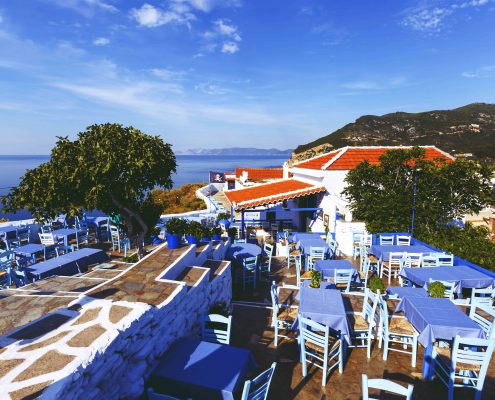 SKOPELOS, GREECE - Restaurant on the castle hill in Skopelos town, Greece