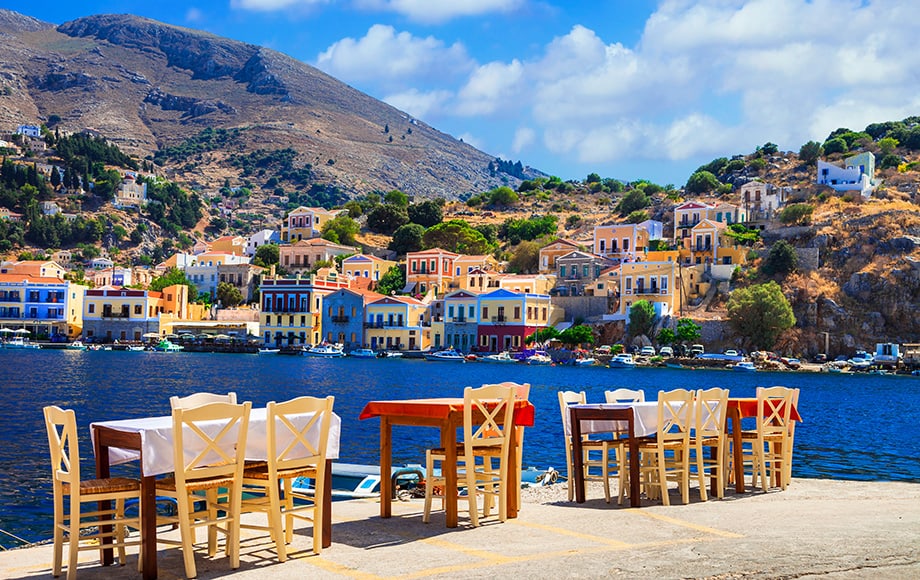 Traditional-Greece-small-street-tavernas-in-Symi-island-Dodec
