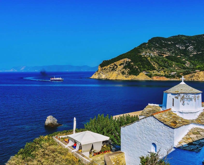 White church in Skopelos, Skopelos island, Greece