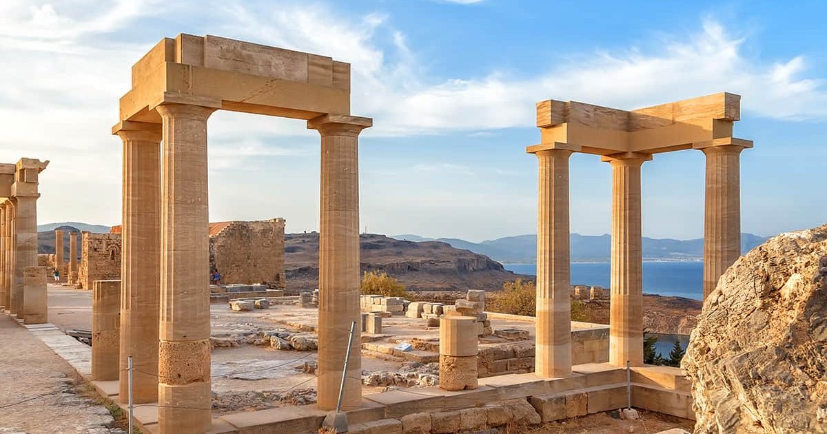 Ancient column in Acropolis of Lindos. Rhodes, Dodecanese Islands, Greece