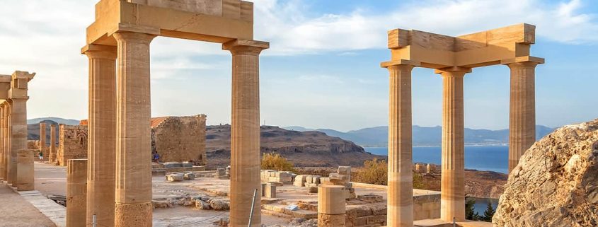 Ancient column in Acropolis of Lindos. Rhodes, Dodecanese Islands, Greece