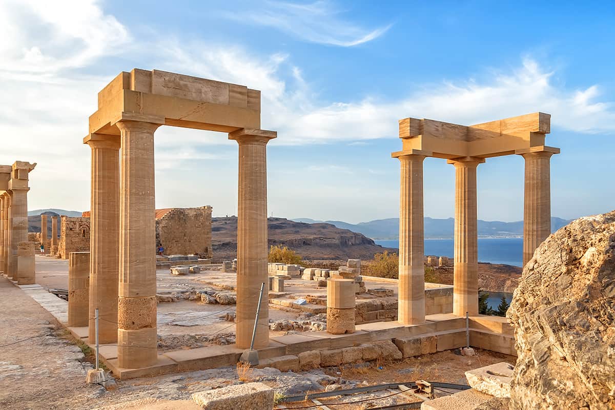 Ancient column in Acropolis of Lindos. Rhodes, Dodecanese Islands, Greece