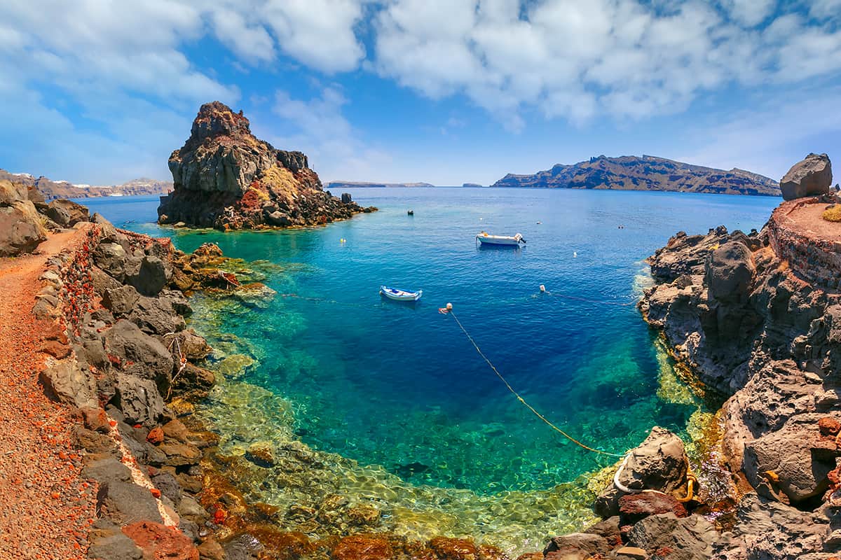 Armeni bay beach near Oia village at Santorini island in Aegean sea