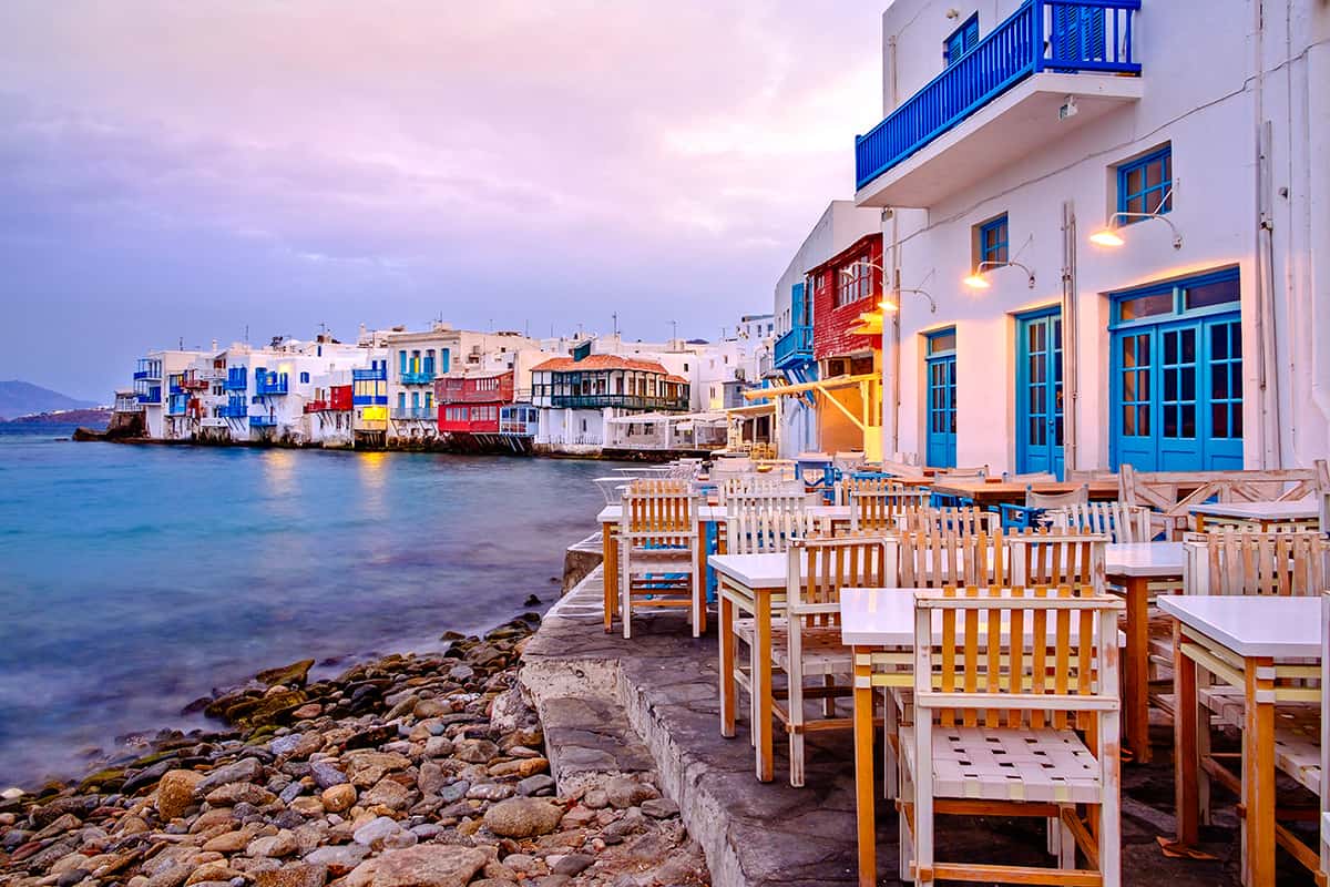 Beautiful sunrise at Little Venice on Mykonos island Cyclades Greece