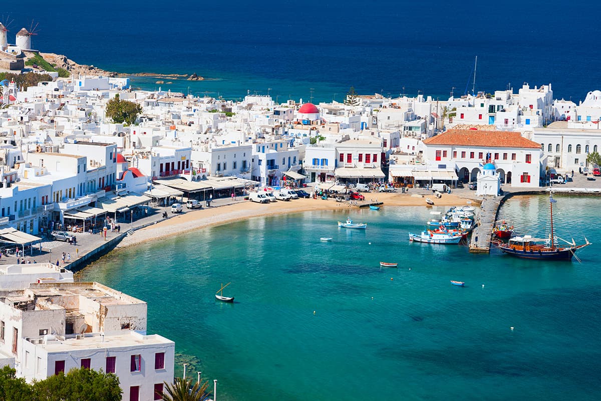 Panorama of traditional greek village with white houses on Mykonos Island, Greece, Europe
