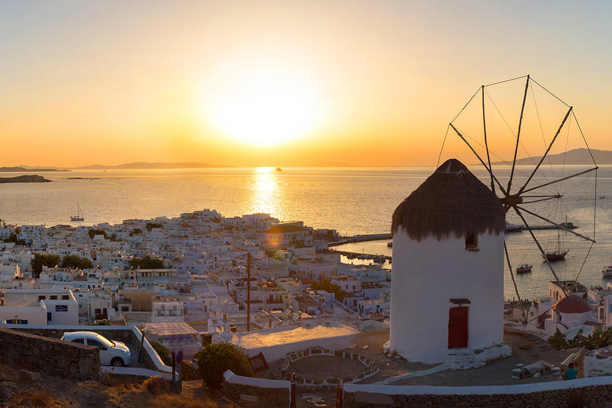 Panoramic view over Mykonos town at sunset