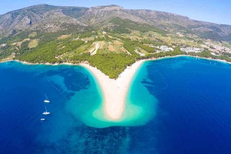 Aerial view of Zlatni Rat beach close to the town of Bol on the island of Brac, Croatia