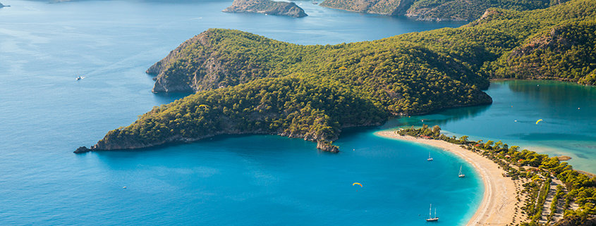 Oludeniz lagoon in sea landscape view of beach Turkey