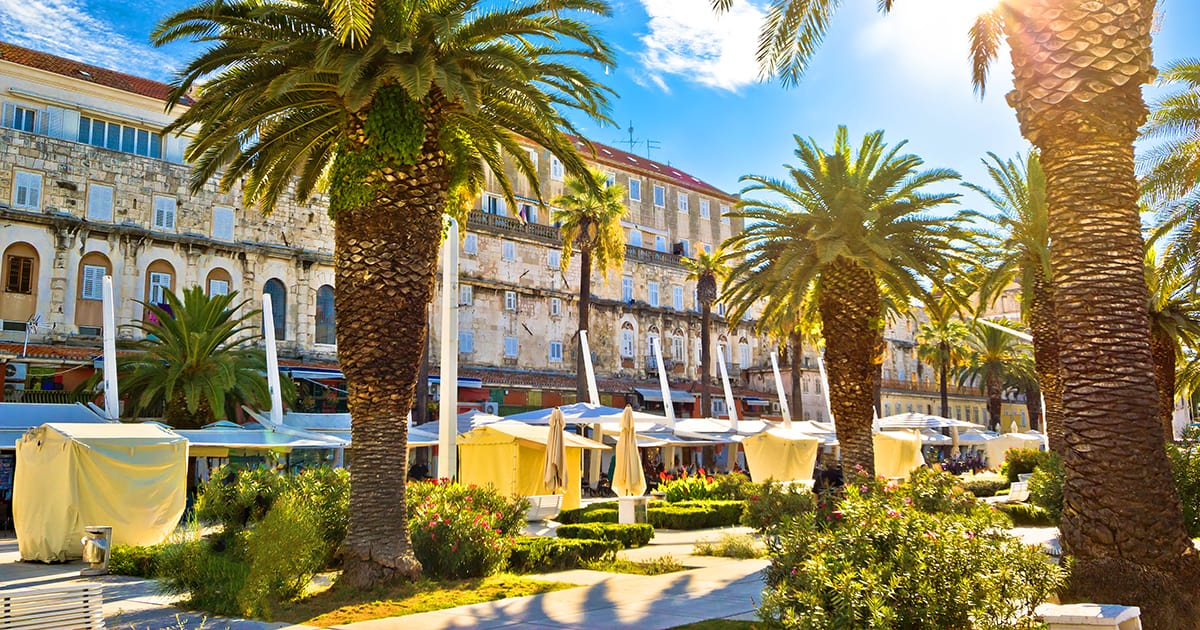 Split main waterfront walkway palms and architecture Dalmatia Croatia, Riva is famous walkway of Split