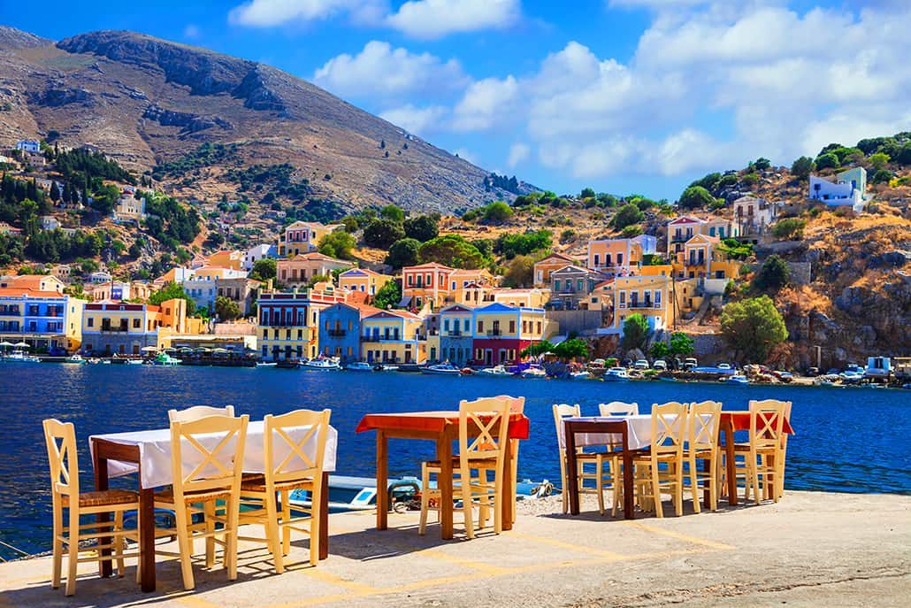 Traditional Greece - small street tavernas in Symi island, Dodec