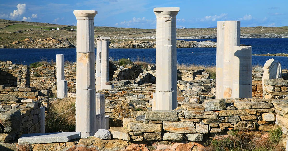 View overlooking 'Cleopatra's House' and the ruins of Delos towards the shore