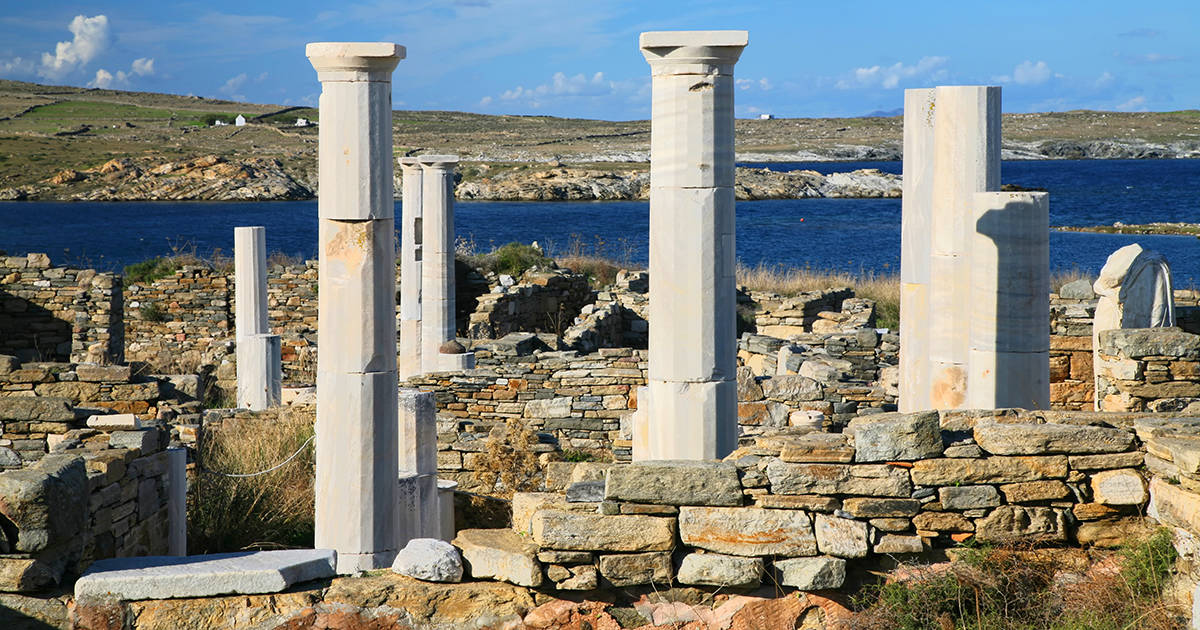 View overlooking 'Cleopatra's House' and the ruins of Delos towards the shore