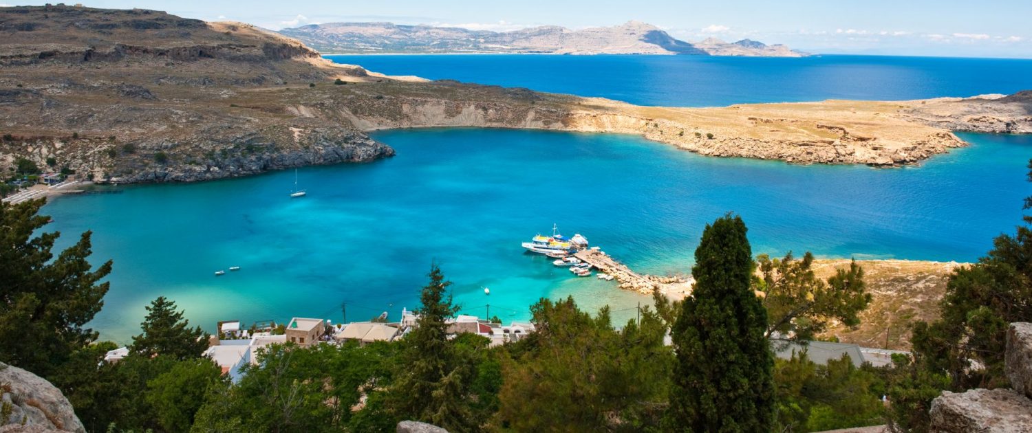 Greece Dodecanese Rhodes view on the sea from the Acropoli of the Lindos village bigstock--156448997