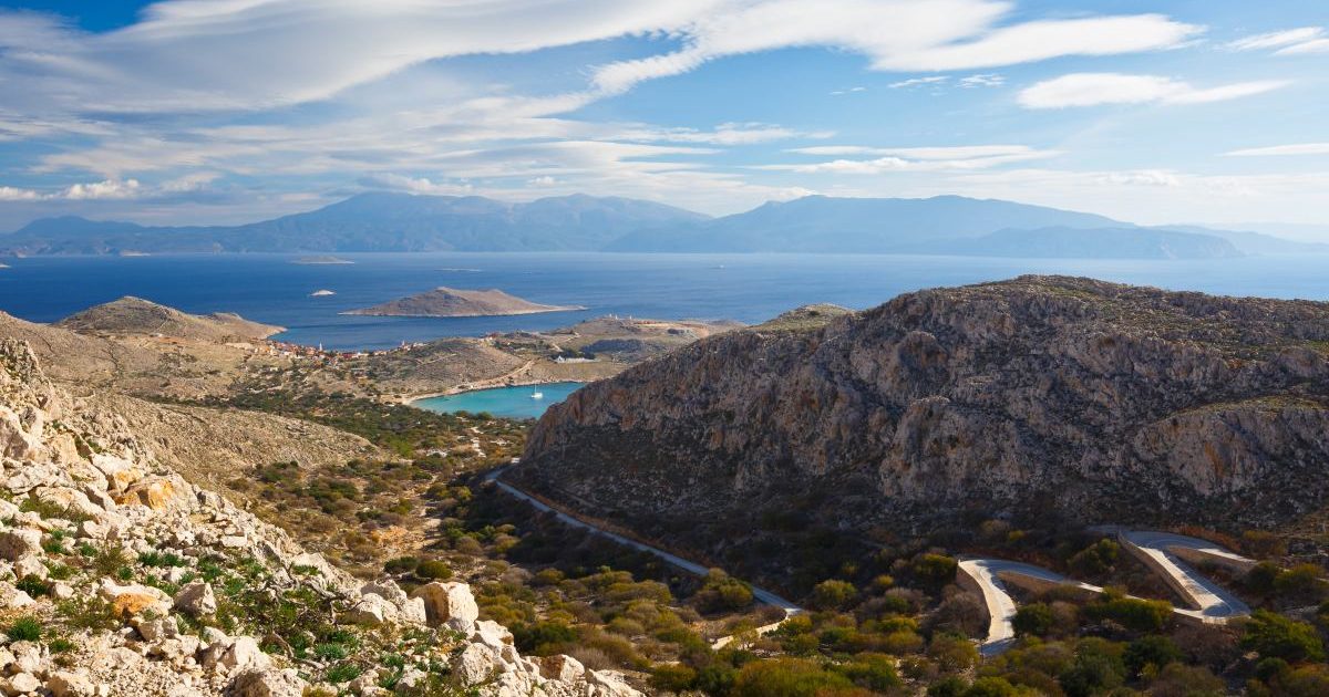 Rhodes island as seen from the hills of Halki island in Dodecanese archipelago