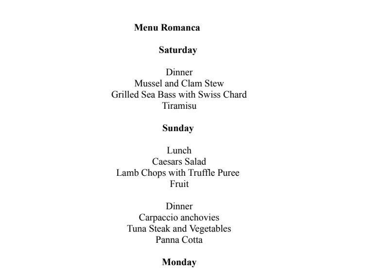 Romanca menu sample