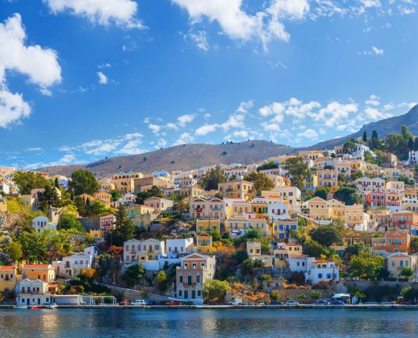 Panoramic view of the coast the island of Symi, Greece