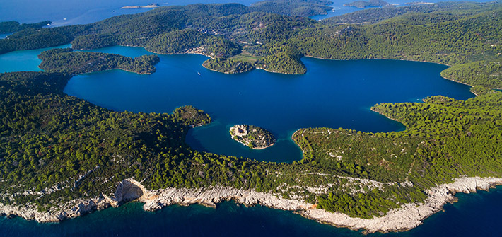 Aerial view of Mljet Lake with Monastery of Saint Mary, Croatia.