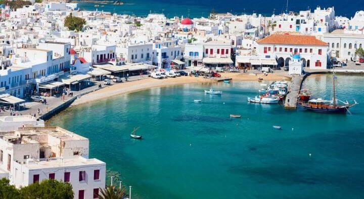 Panorama-of-traditional-greek-village-with-white-houses-on-Mykonos-Island-Greece-Europe